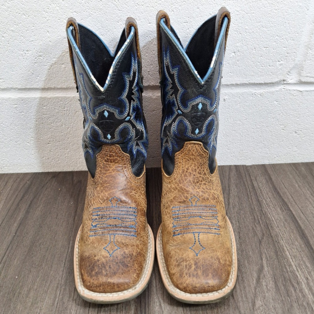Ariat Toddler 11 Brown Leather Square Toe Western Cowboy Boots Black Blue Stitch - Picture 3 of 9